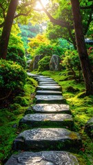 Stone path winding up through a vibrant Japanese garden