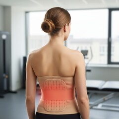 Young woman wearing a medical back brace for lumbar pain relief