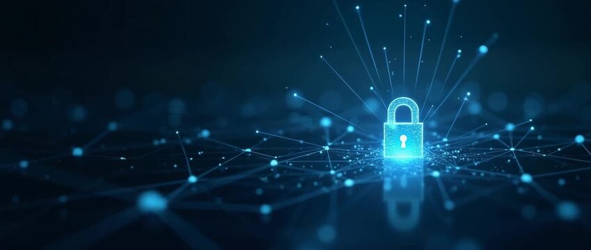 Futuristic digital lock icon surrounded by glowing network nodes, gently pulsing with light, as the camera smoothly pans to reveal a secure, cyber-themed environment, in cinematic style.