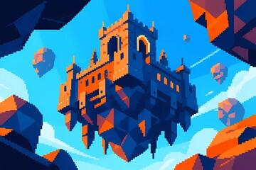 Low Poly Pixel Art Floating Fortress Dramatic Low Angle.