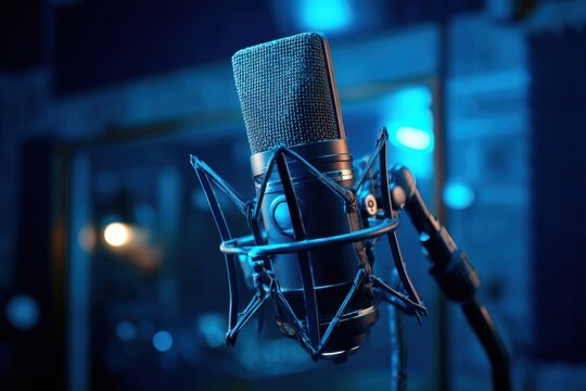 Professional microphone setup in modern recording studio with blue lighting for high-quality audio production