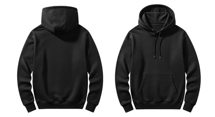 Black Hoodie Sweatshirt Mockup Front and Back View Isolated on White Blank Design Template