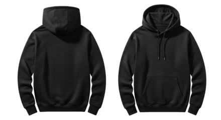 Black Hoodie Sweatshirt Mockup Front and Back View Isolated on White Blank Design Template