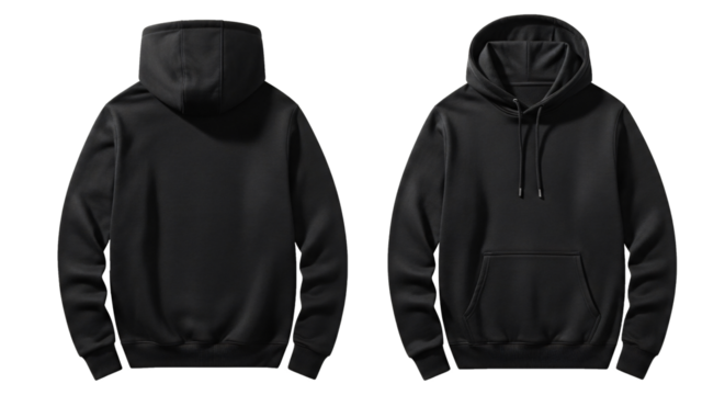 Black Hoodie Sweatshirt Mockup Front and Back View Isolated on White Blank Design Template