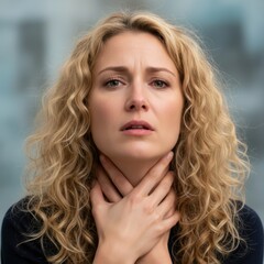 Blonde woman experiencing throat discomfort, holding her neck
