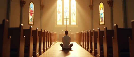 Sunlight streams through stained glass windows as a solitary figure meditates in a serene church, with dust motes gently floating and the camera slowly panning for a cinematic effect.