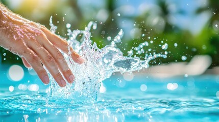 Hand creating a splash in clear pool water with vibrant motion.