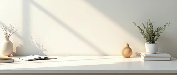 Minimalist workspace with gentle light flicker and a slow pan across a serene desk scene, featuring a book and plants in soft focus; cinematic, calming, and ideal for peaceful settings.