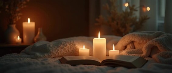 Cozy bedroom scene with flickering candlelight illuminating a soft blanket and open book, as the camera slowly pans, capturing a peaceful, cinematic ambiance perfect for relaxation. - Powered by Adobe