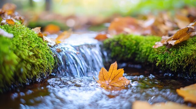 Water flowing gently through a forest creek, surrounded by moss and fallen leaves.