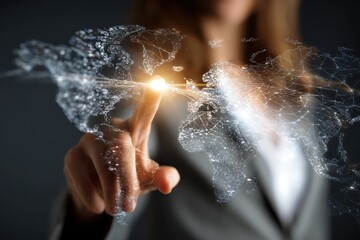 Businesswoman engages with global business concept using interactive technology in a modern office setting during the day
