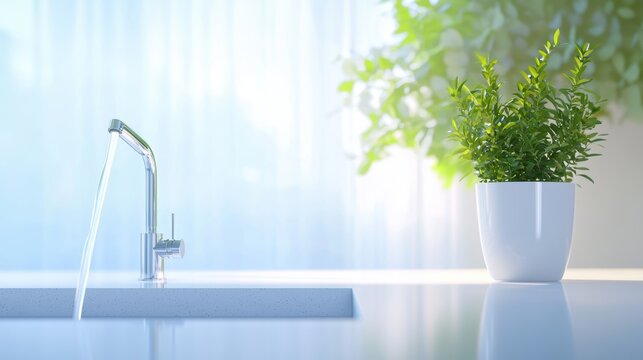 Kitchen sink with faucet sensor to control flow, emphasizing water efficiency technology.