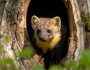 Naklejka premium A small, furry creature peeks curiously out of a dark cavity in a weathered tree trunk, framed by foliage