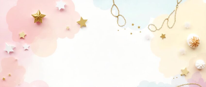 Elegant stars and clouds gently sway, as the camera slowly pans across a delicate pastel-hued scene, creating a dreamy, festive atmosphere perfect for celebration promotions.