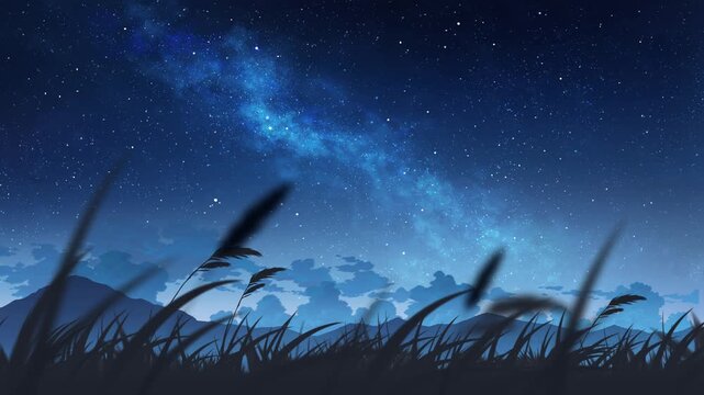relaxing night starry sky with swaying tall grass loop in anime style