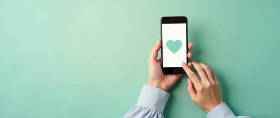 Hands gently swipe across a smartphone displaying a heart icon as the camera slowly pans, capturing a calm, minimalist scene with soft ambient lighting, ideal for technology-themed content. - Powered by Adobe