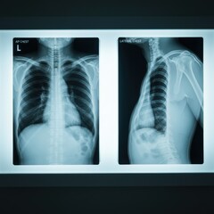 Human chest x-rays showing ap and lateral views on lightbox.