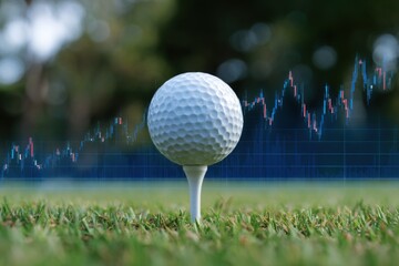 Golf ball on tee with stock market graph overlay represents the intersection of sports and finance in a dynamic outdoor setting
