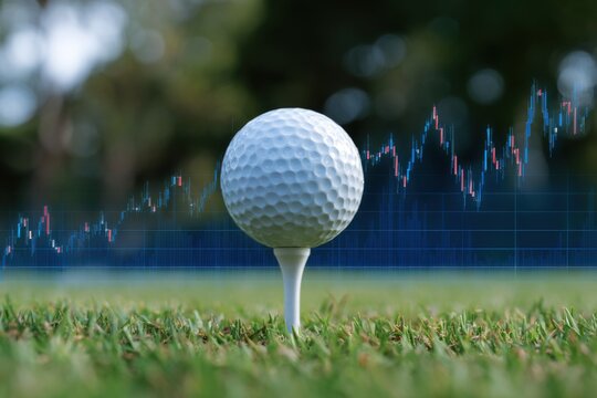 Golf ball on tee with stock market graph overlay represents the intersection of sports and finance in a dynamic outdoor setting - Powered by Adobe