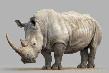 Obraz premium White rhinoceros standing gracefully in a natural habitat with a focus on its square-lipped mouth and massive body during a clear day