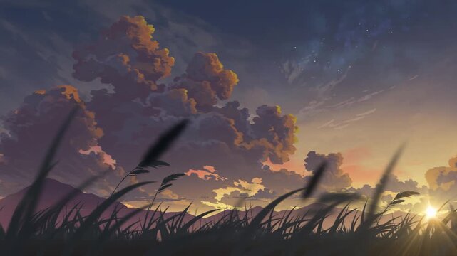 relaxing sunset evening sky with swaying tall grass loop in anime style
