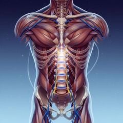 Human torso anatomy with highlighted nerves, muscles, and bones