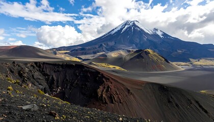 A stark landscape with a majestic snow-capped mountain dominating a volcanic vista under a cloudy sky