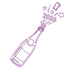 A line art image of a champagne bottle popping its cork, with a splash and the number 2026 along with stars flying out, symbolizing a toast and joyful moment.
