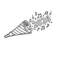 A line art illustration of a party blower or horn with musical notes and the number 2026 emerging from it, signifying festive sounds and celebration.
