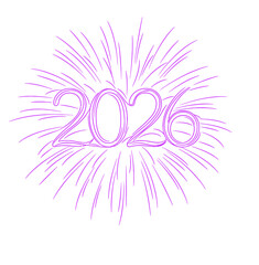 Line art illustration of the number 2026 centered within a stylized fireworks explosion or starburst, representing celebration and excitement.
