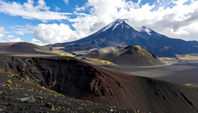 A stark landscape with a majestic snow-capped mountain dominating a volcanic vista under a cloudy sky