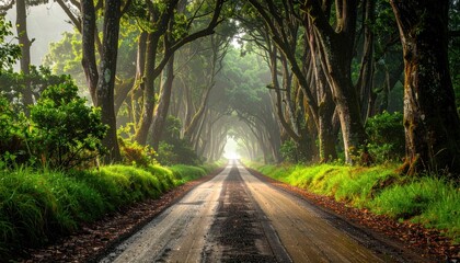 Sunlit road framed by tall trees and lush green foliage