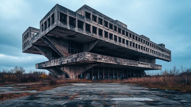 Abandoned Brutalist Architecture - The Buzludzha Monument in Bulgaria Under a Cloudy Sky.