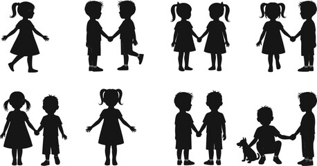 “Cute children silhouette set holding hands playing together friendship collection kids interaction standing poses illustration”