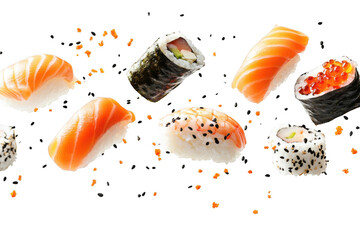 Delicious sushi rolls and nigiri artfully arranged and floating