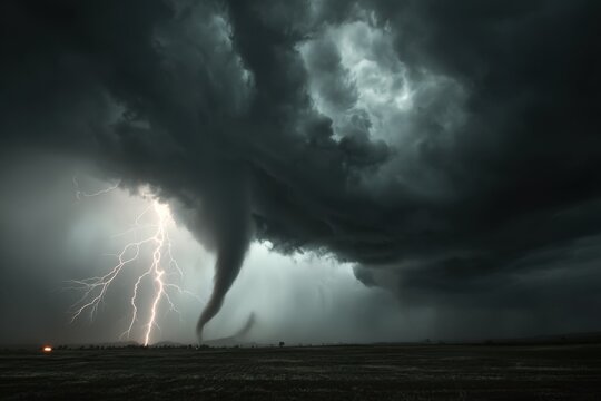 Dark storm clouds swirl as a tornado forms, accompanied by bright lightning in the sky during a severe thunderstorm in the open landscape