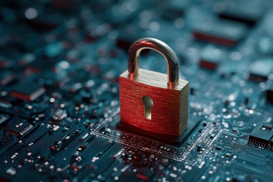 Data protection concept featuring a padlock on a digital circuit board representing internet security challenges in modern times