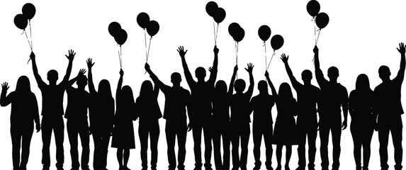 “Large group celebration silhouettes people holding balloons festive crowd raising hands joyful party event unity illustration”