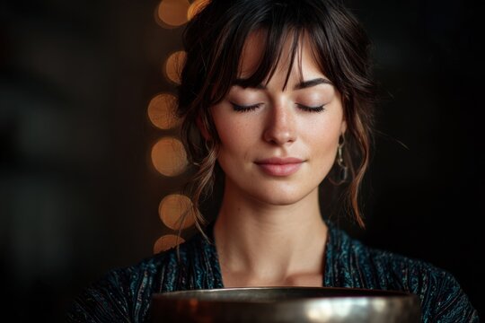 Exploring sound therapy techniques with a calm woman in a serene setting surrounded by gentle light