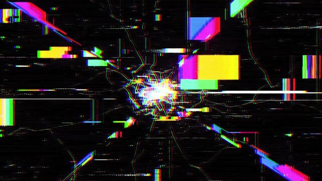 Cracked glass screen shows shattered display. Digital glitch abstract tunnel displays colorful geometric distortions with pixel noise and a bright central light focus