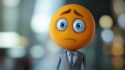 Sad emoji businessman in a suit feeling blue with big vibrant eyes and furrowed brow
