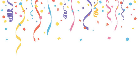 Festive streamers and confetti falling from above on a white background, concept for birthday celebration, party decoration and holiday event design