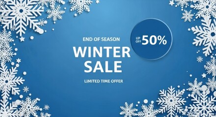 End of season winter sale with 50% off discount, limited time offer, decorated with snowflakes