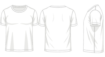 Naklejka premium Three angle views of a blank white t-shirt illustration with short sleeves, concept for apparel design, textile mockup and garment presentation
