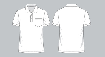 Front and back views of a white polo shirt with short sleeves, concept for fashion design, garment production and clothing catalog