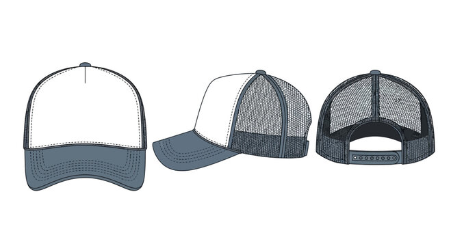 Three views of a trucker hat in white and gray, showing front, side and back perspectives, concept for fashion design, apparel mockups and custom branding projects