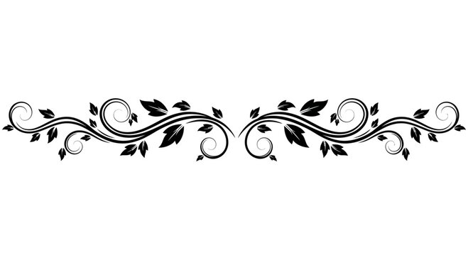 Elegant floral divider with swirling leaves and branches in black silhouette, concept for wedding invitation, website design and stationery embellishment