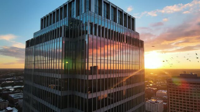 Towering office building with intricate details and clock tower in the foreground, set against a vibrant orange and pink sunset sky, symbolizing global business, technological innovation.