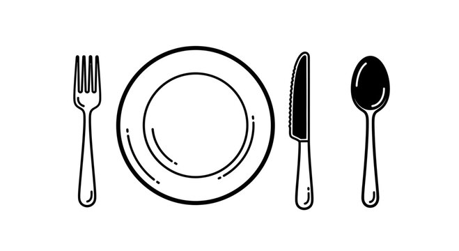 Minimalist line art illustration of a plate setting with fork, knife and spoon, concept for restaurant menu design, culinary education and kitchenware promotion