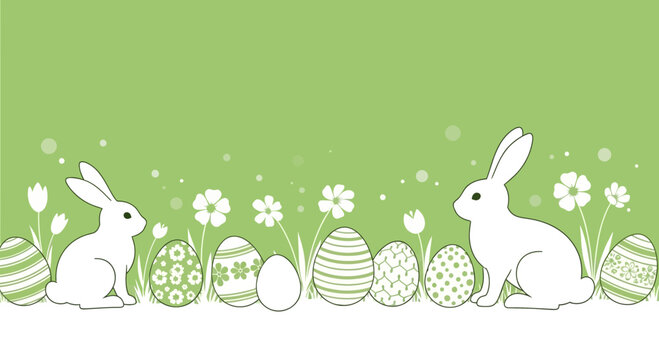 Whimsical Easter illustration with white bunnies, eggs and flowers on a pastel green backdrop, concept for greeting cards, seasonal decoration and festive banners